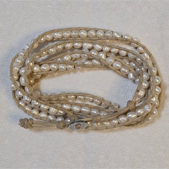 Victoria Emerson Tan Leather and Pearls Wrap Bracelet, 36" Long K338 New - Picture 4 of 6